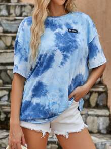 SHEIN LUNE Tie Dye Slogan Patched Detail Drop Shoulder Tee So What - Blue - View 6