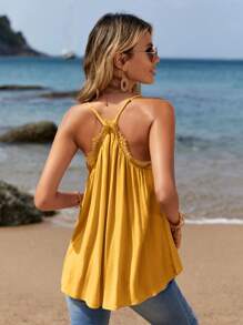 SHEIN Clasi Solid Lace Trim Cami Top - Yellow - View 2