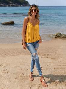 SHEIN Clasi Solid Lace Trim Cami Top - Yellow - View 5