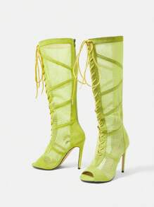 SheIn SXY Women Hollow Design Peep Toe Stiletto Heeled Sandal Boots, Funky Mesh Fashion Boots - Green - View 1