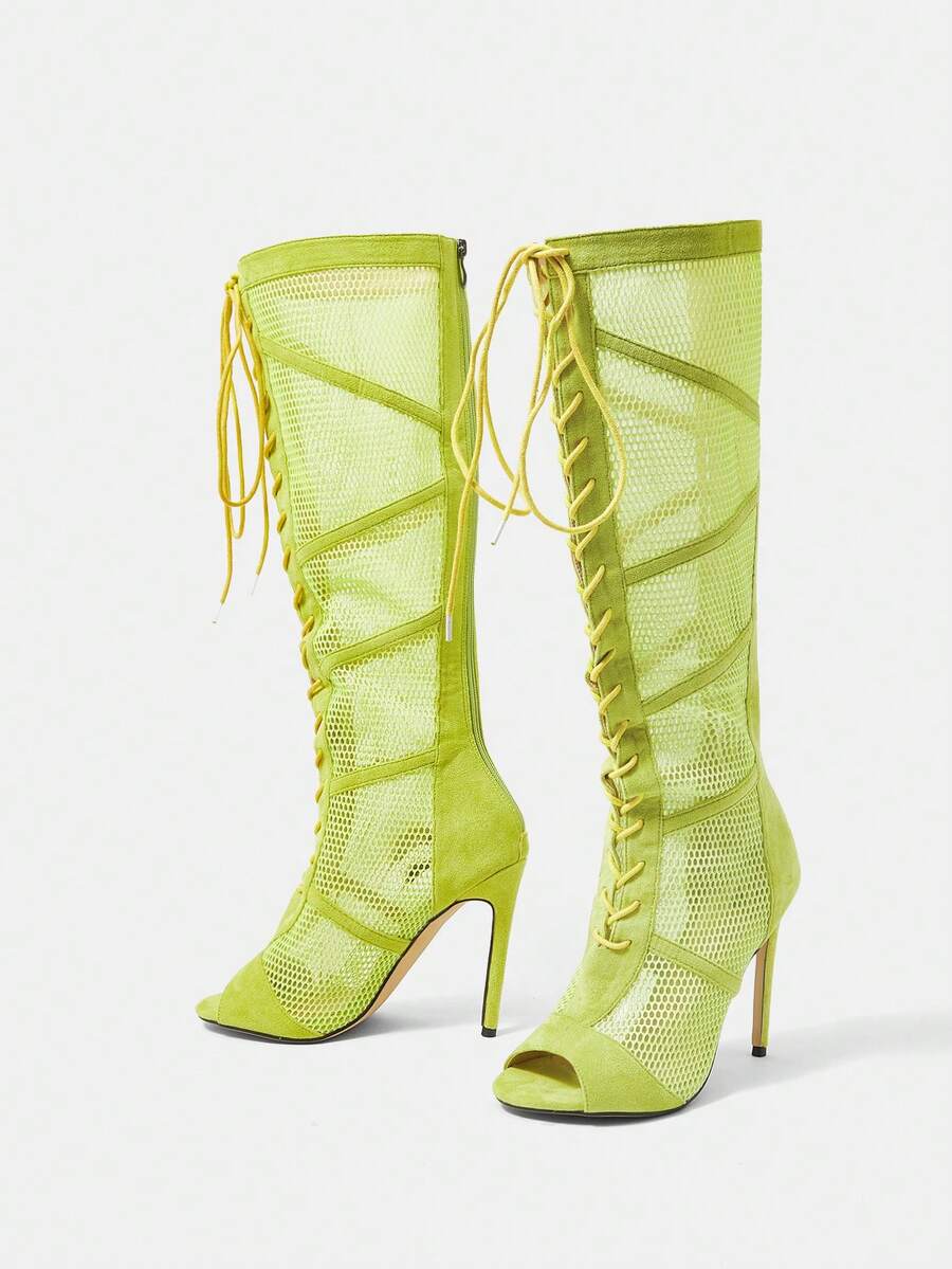 SheIn SXY Women Hollow Design Peep Toe Stiletto Heeled Sandal Boots, Funky Mesh Fashion Boots - Green - View 1