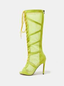 SheIn SXY Women Hollow Design Peep Toe Stiletto Heeled Sandal Boots, Funky Mesh Fashion Boots - Green - View 2