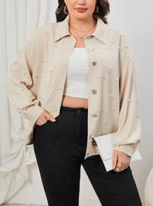 SHEIN Privé Talla grande 1 pieza Cazadora con cuenta de perla de hombros caídos - Beis - Ver 1