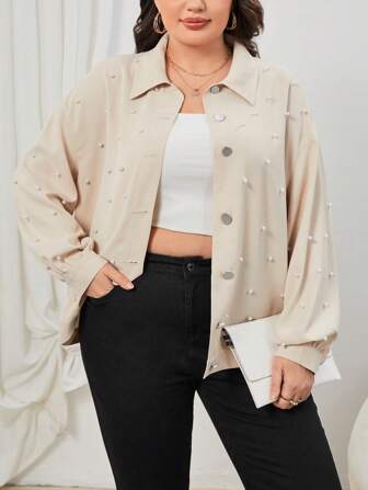 SHEIN Privé Plus 1pc Pearls Beaded Drop Shoulder Jacket