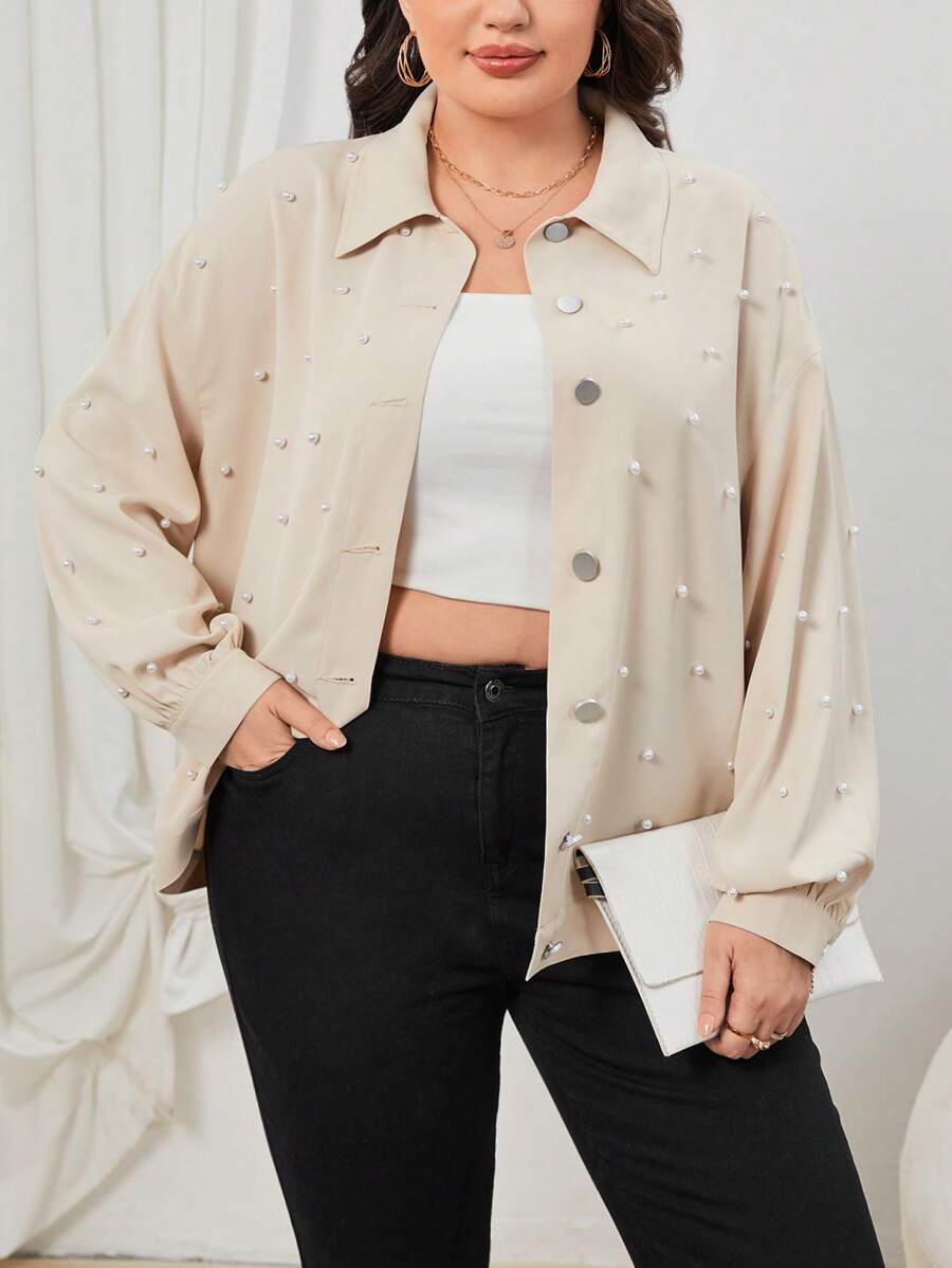 SHEIN Privé Talla grande 1 pieza Cazadora con cuenta de perla de hombros caídos - Beis - Ver 1