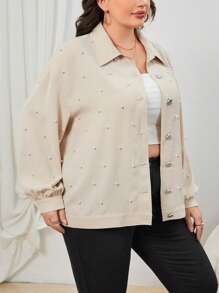 SHEIN Privé Talla grande 1 pieza Cazadora con cuenta de perla de hombros caídos - Beis - Ver 4