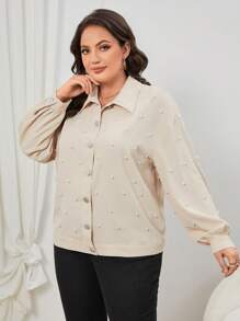 SHEIN Privé Talla grande 1 pieza Cazadora con cuenta de perla de hombros caídos - Beis - Ver 5