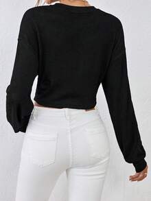 SHEIN Essnce Twist Hem Drop Shoulder Crop Sweatshirt - Black - View 2