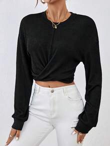 SHEIN Essnce Twist Hem Drop Shoulder Crop Sweatshirt - Black - View 3