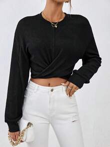 SHEIN Essnce Twist Hem Drop Shoulder Crop Sweatshirt - Black - View 4