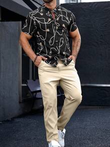Manfinity Homme Men Graphic Print Stand Collar Shirt & Pants - Black - View 1
