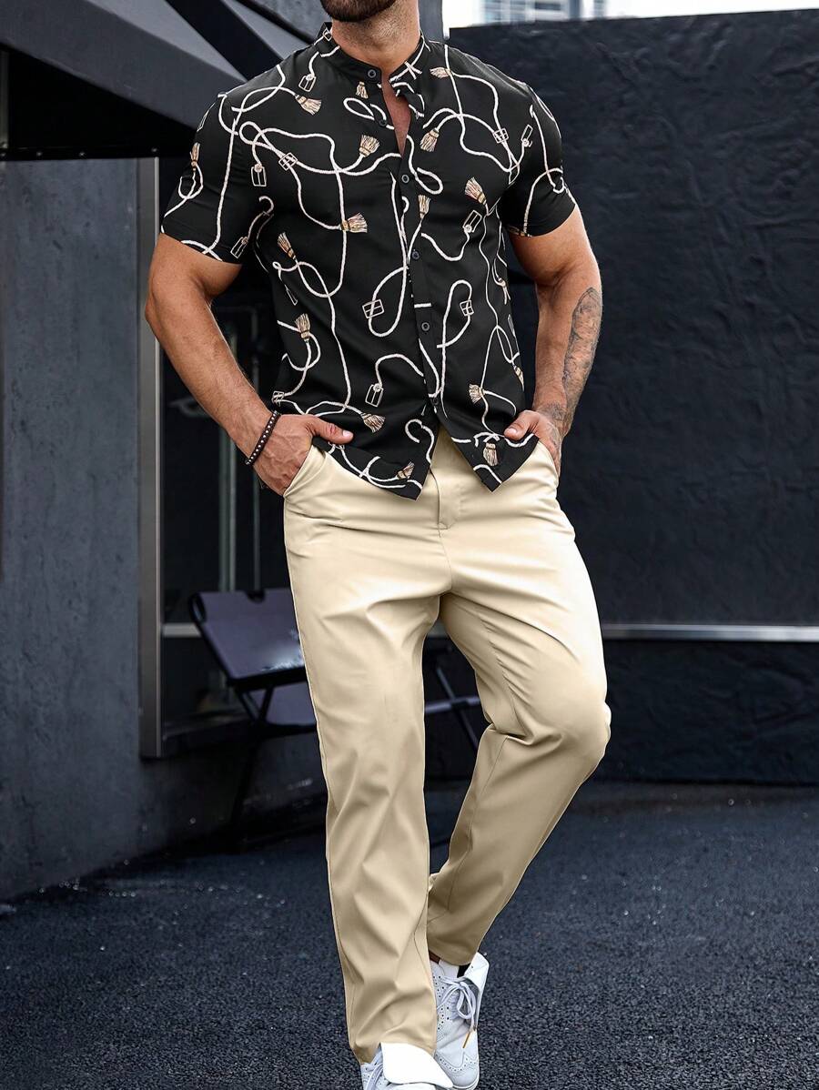 Manfinity Homme Men Graphic Print Stand Collar Shirt & Pants - Black - View 1