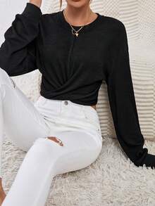 SHEIN Essnce Twist Hem Drop Shoulder Crop Sweatshirt - Black - View 5