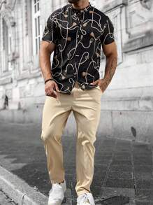 Manfinity Homme Men Graphic Print Stand Collar Shirt & Pants - Black - View 3