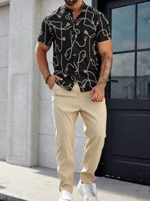 Manfinity Homme Men Graphic Print Stand Collar Shirt & Pants - Black - View 5