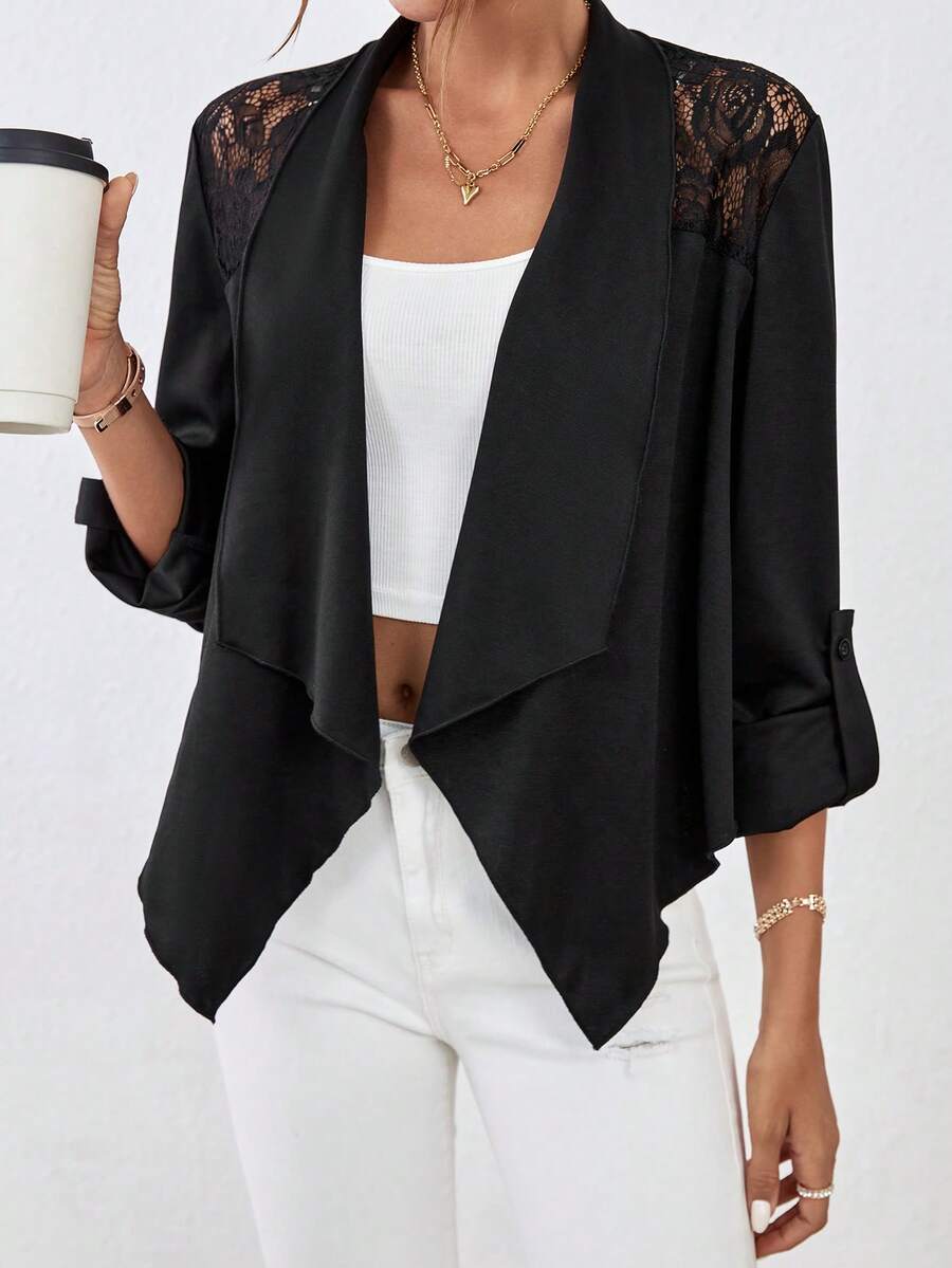 SHEIN Privé 蕾絲拼接大翻領捲邊袖開門襟外套 - 黑色 - 查看 1