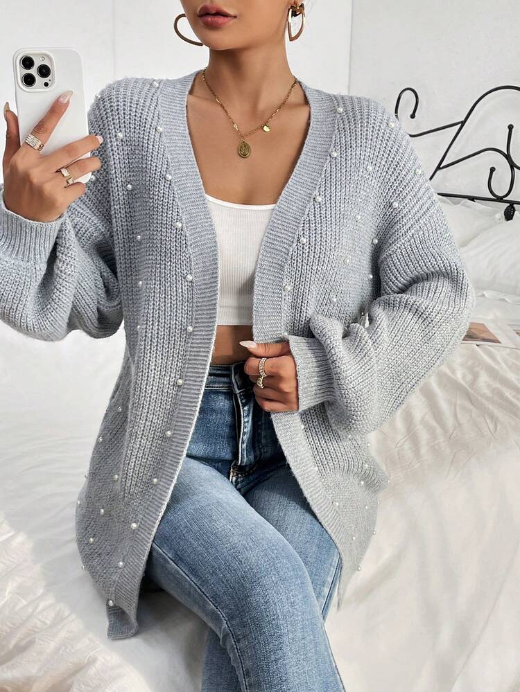 SHEIN Privé קרדיגן דרופ כתף חרוזי פנינים - אפור - ראה 3