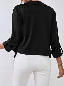 SHEIN Privé 蕾絲拼接大翻領捲邊袖開門襟外套 - 黑色 - 查看 2