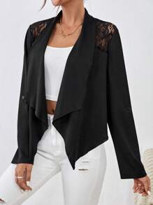 SHEIN Privé 蕾絲拼接大翻領捲邊袖開門襟外套 - 黑色 - 查看 3