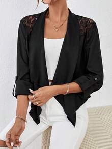 SHEIN Privé 蕾絲拼接大翻領捲邊袖開門襟外套 - 黑色 - 查看 5