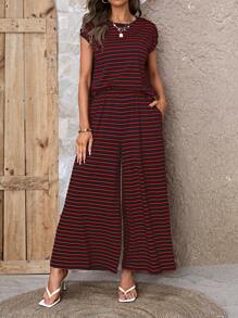 SHEIN LUNE 條紋圖案蝙蝠袖T恤&闊腿褲 - 紅色 - 查看 1