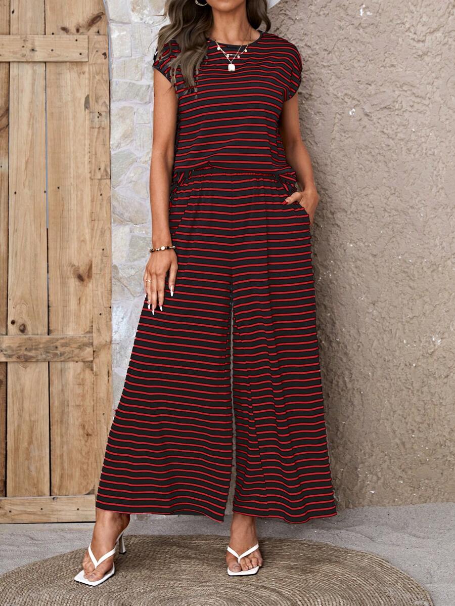 SHEIN LUNE 條紋圖案蝙蝠袖T恤&闊腿褲 - 紅色 - 查看 1