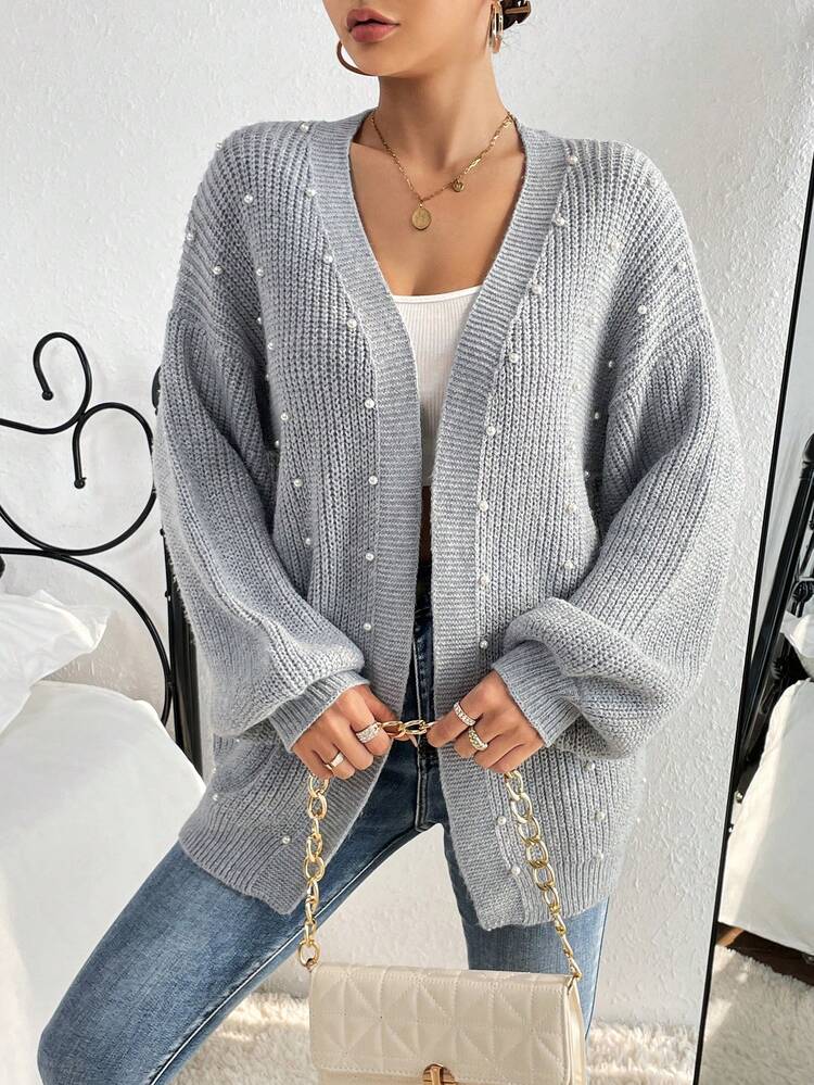 SHEIN Privé קרדיגן דרופ כתף חרוזי פנינים - אפור - ראה 6