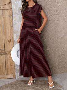 SHEIN LUNE 條紋圖案蝙蝠袖T恤&闊腿褲 - 紅色 - 查看 3