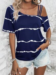 SHEIN LUNE 條紋圖案不對稱領T恤 - 藏蓝色 - 查看 1