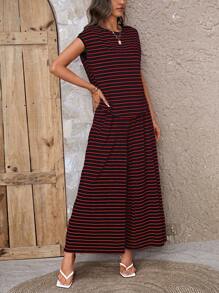 SHEIN LUNE 條紋圖案蝙蝠袖T恤&闊腿褲 - 紅色 - 查看 6