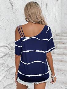 SHEIN LUNE 條紋圖案不對稱領T恤 - 藏蓝色 - 查看 2