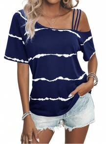 SHEIN LUNE 條紋圖案不對稱領T恤 - 藏蓝色 - 查看 3