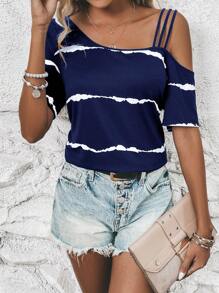 SHEIN LUNE 條紋圖案不對稱領T恤 - 藏蓝色 - 查看 6