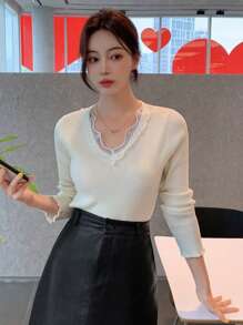 DAZY 蕾絲拼接條紋針織套頭毛衣 - 杏色 - 查看 11