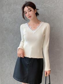 DAZY 蕾絲拼接條紋針織套頭毛衣 - 杏色 - 查看 14