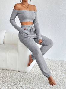 SHEIN Essnce Off Shoulder Top Cây trồng & Eo dây rút Quần thể thao - Xám - Xem 1