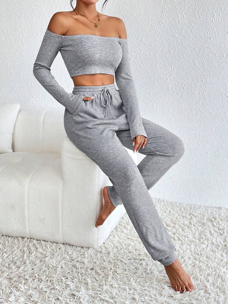 Off Shoulder Crop Top & Drawstring Waist Sweatpants