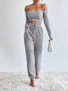 SHEIN Essnce Off Shoulder Top Cây trồng & Eo dây rút Quần thể thao - Xám - Xem 3