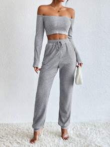 SHEIN Essnce Off Shoulder Top Cây trồng & Eo dây rút Quần thể thao - Xám - Xem 4