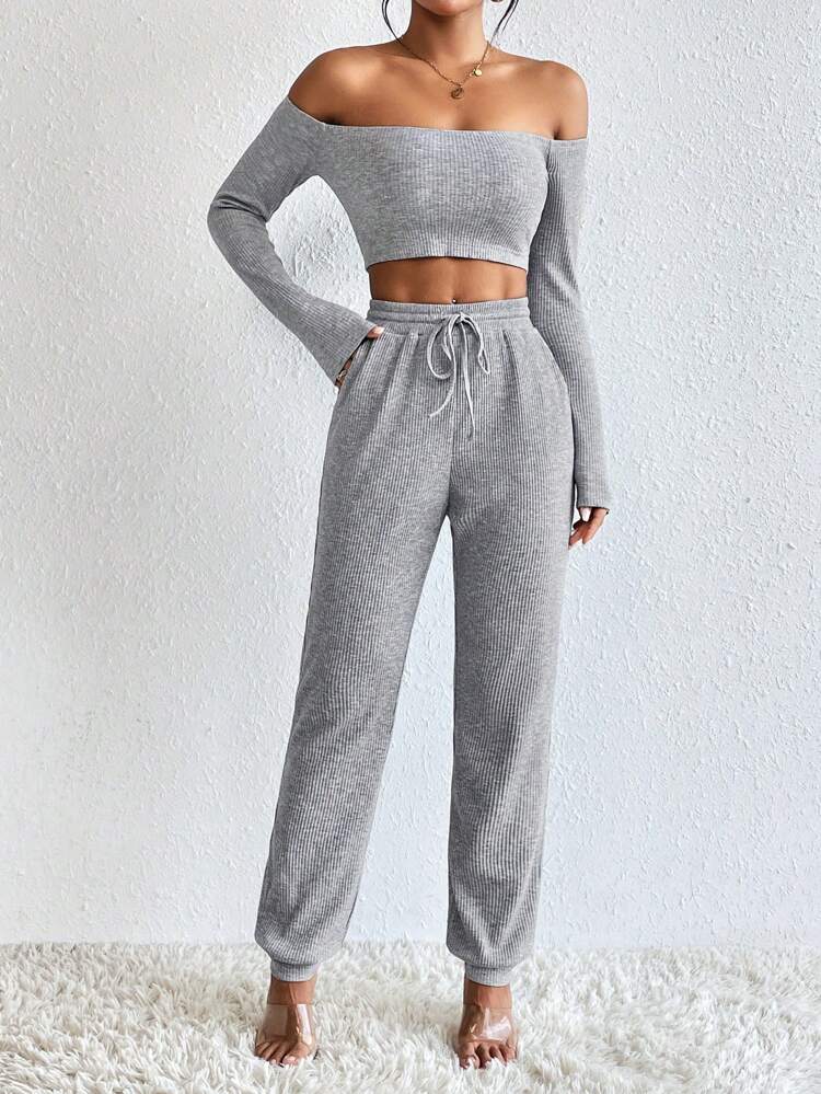 Off Shoulder Crop Top & Drawstring Waist Sweatpants