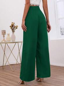 SHEIN Frenchy 高腰拼接細節闊腿褲 - 墨綠色 - 查看 2