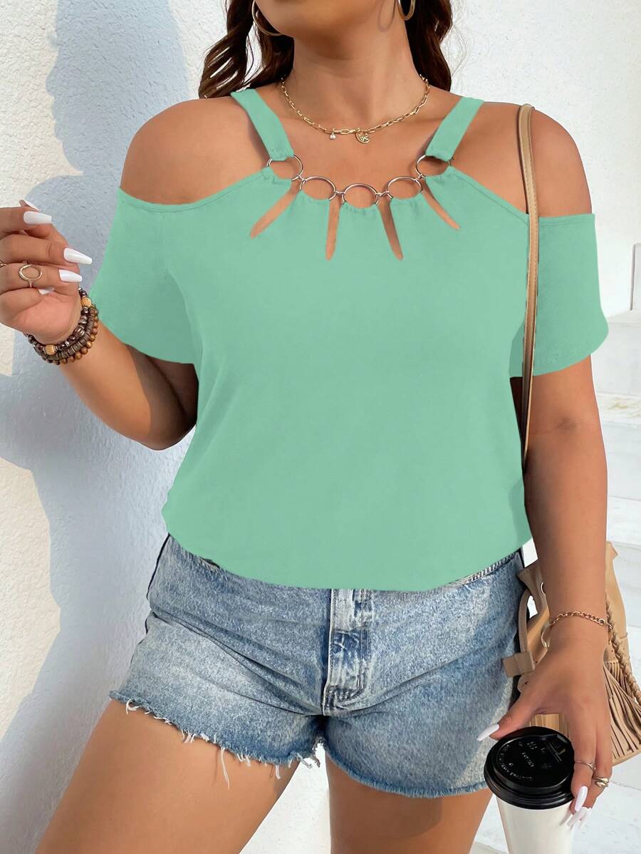 SHEIN Clasi Plus Ring Linked Cold Shoulder Tee - Green - View 1