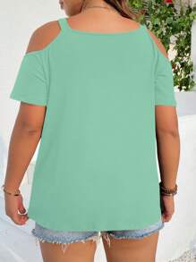 SHEIN Clasi Plus Ring Linked Cold Shoulder Tee - Green - View 2