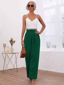 SHEIN Frenchy 高腰拼接細節闊腿褲 - 墨綠色 - 查看 5