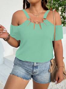 SHEIN Clasi Plus Ring Linked Cold Shoulder Tee - Green - View 4