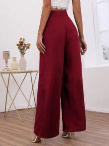 SHEIN Frenchy High Waist Plicated Detail Wide Leg Pants - Burgundy - View 2