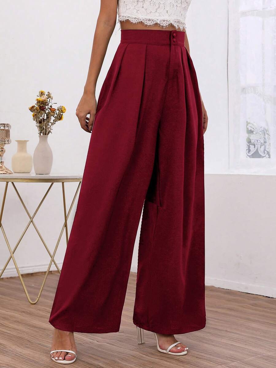 SHEIN Frenchy High Waist Plicated Detail Wide Leg Pants - Burgundy - View 1