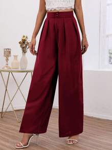 SHEIN Frenchy High Waist Plicated Detail Wide Leg Pants - Burgundy - View 4