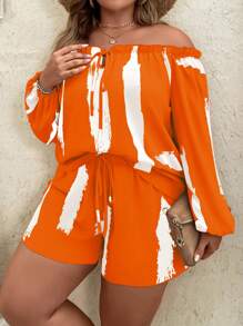 SHEIN Holidaya Plus Brush Print Off Shoulder Lantern Sleeve Top & Shorts - Orange - View 1