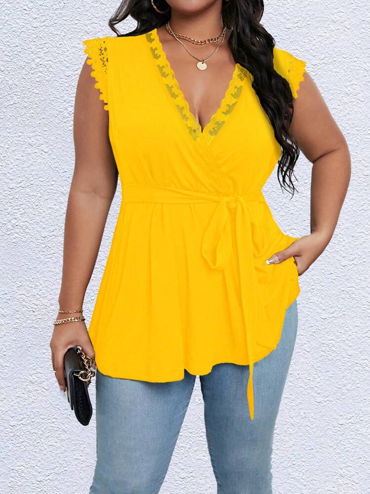 SHEIN Franclia Plus Guipure Lace Trim Belted Peplum Tee - Yellow - View 1